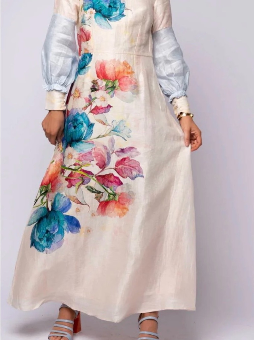NWT Odette Floral Watercolor Long Sleeve Maxi Dress - Cream